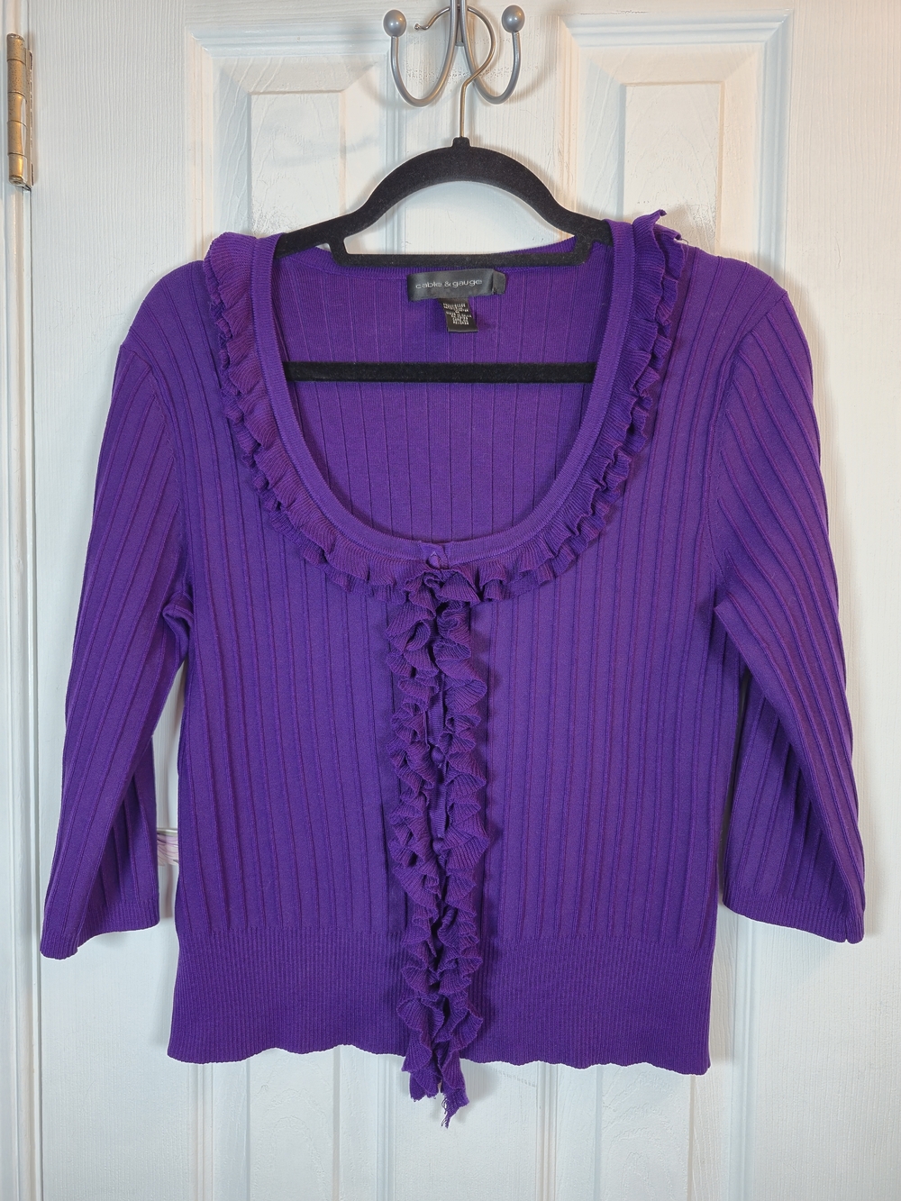 Cable & Gauge Purple Silk Blend Ruffle Ribbed Knit Y2K Cardigan Size M - Picture 1 of 5